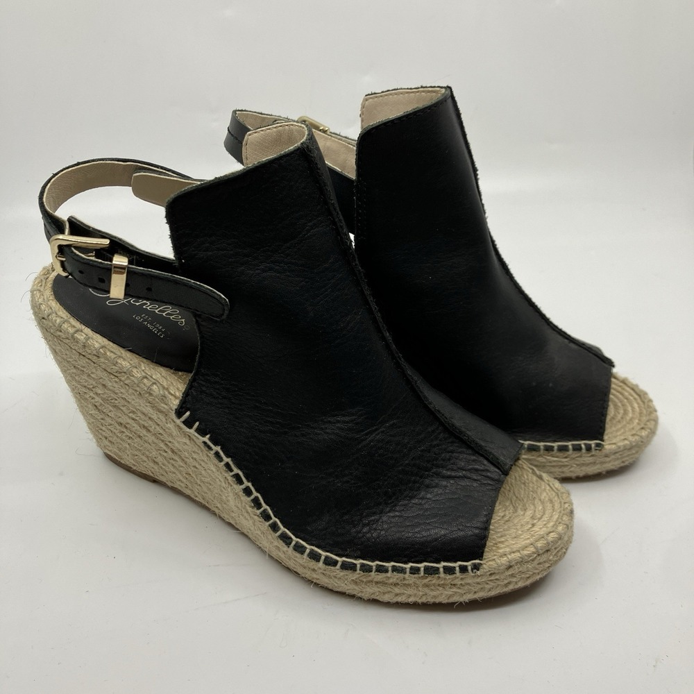 Seychelles Black Leather Espadrille Wedge Sandals Peep Toe Slingback Buckle